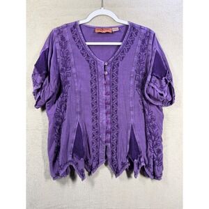 Agan Traders Blouse Womens XL/1X Purple Boho Embroidered Handkerchief Hem Top